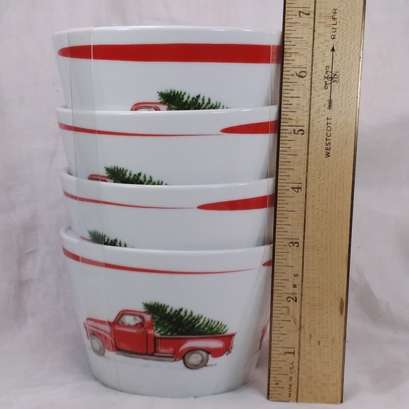 222 FIFTH Set of 4 WINTER CHEER Small BOWLS Santa Red Pickup Truck Tree NEW - Picture 5 of 12